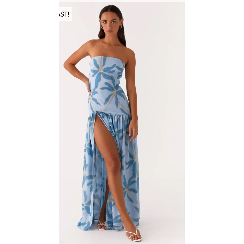 Peppermayo Eden Strapless Maxi Dress Blue Floral Palm Print High Slit NWT - Picture 1 of 6